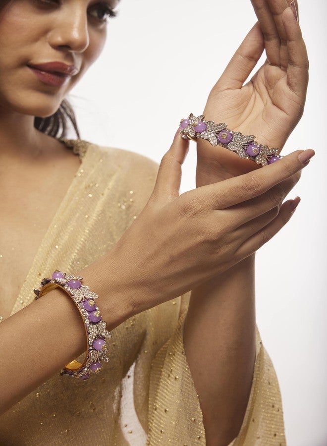 LAVAZZA Stylish Butterfly Design Golden Metal Zircon Diamond & Pearls Bangle Set For Women & Girls | Purple Colour | Diamond & Rajasthani Bangles | Golden Kada-(RDB1-Purple-2.6) - Image 5