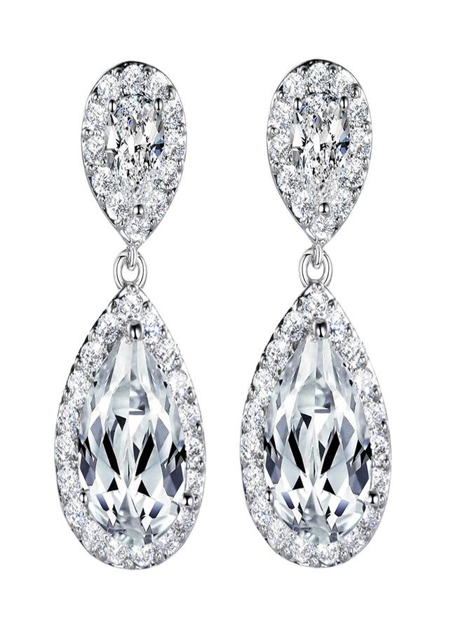 SELOVO Teardrop Earrings Dangle White Bridesmaid Earrings CZ Zircon Silver Tone - Image 1