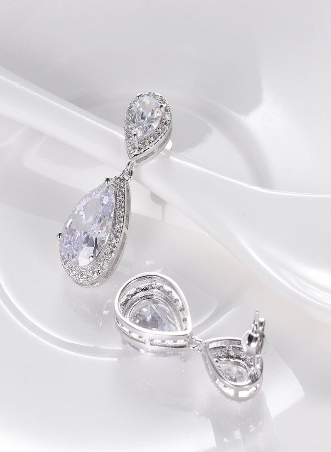 SELOVO Teardrop Earrings Dangle White Bridesmaid Earrings CZ Zircon Silver Tone - Image 5