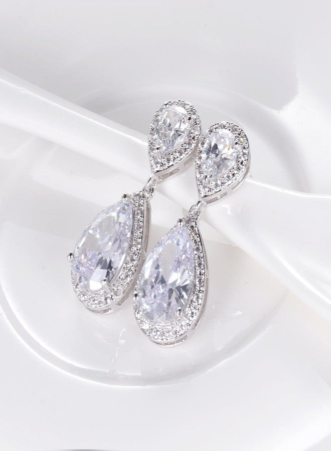 SELOVO Teardrop Earrings Dangle White Bridesmaid Earrings CZ Zircon Silver Tone - Image 4