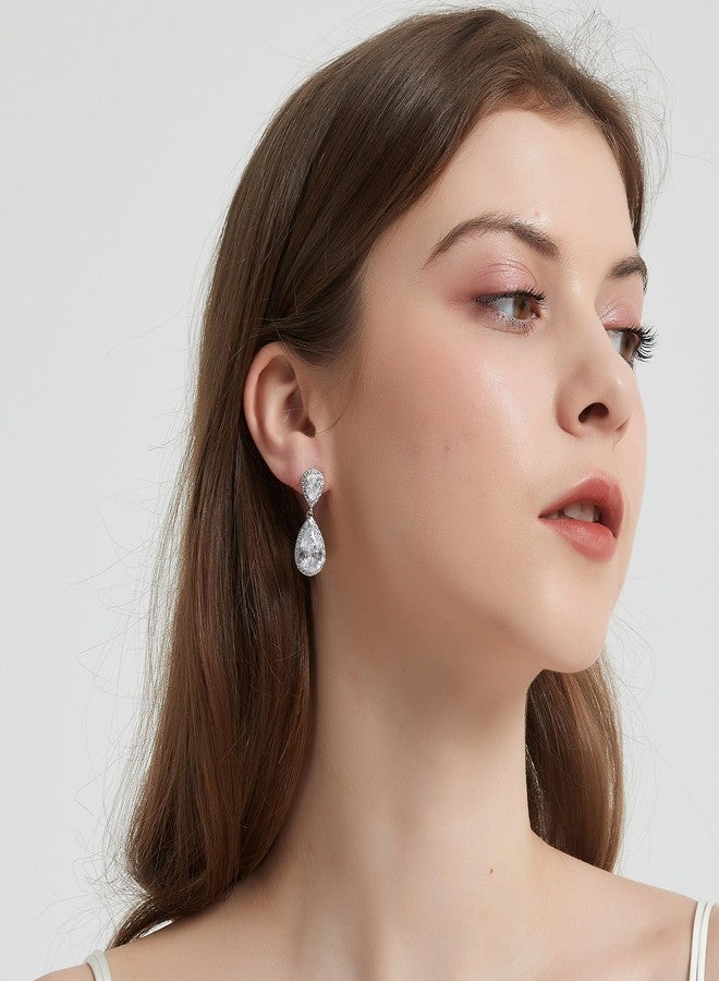 SELOVO Teardrop Earrings Dangle White Bridesmaid Earrings CZ Zircon Silver Tone - Image 2