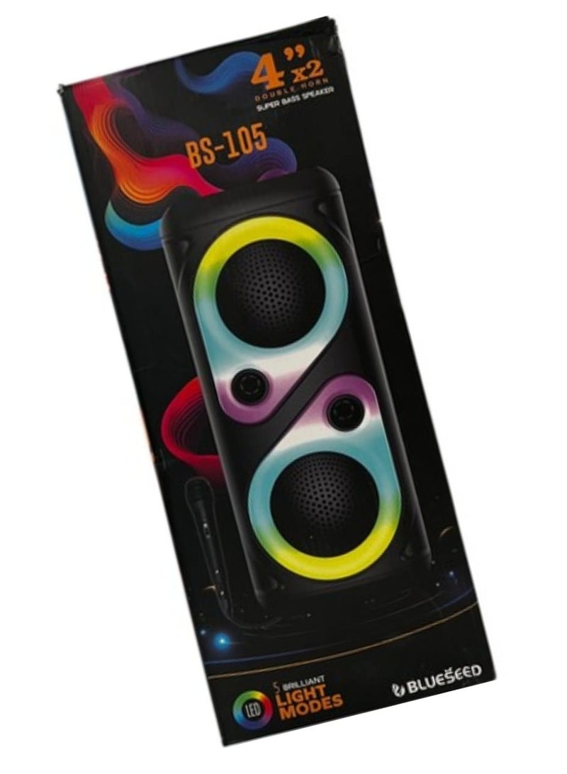 بلوسيد Blueseed BS-105 هو مكبر صوت محمول يعمل بتقنية البلوتوث مع تأثيرات إضاءة ديناميكية وخيارات اتصال متعددة. - Image 3