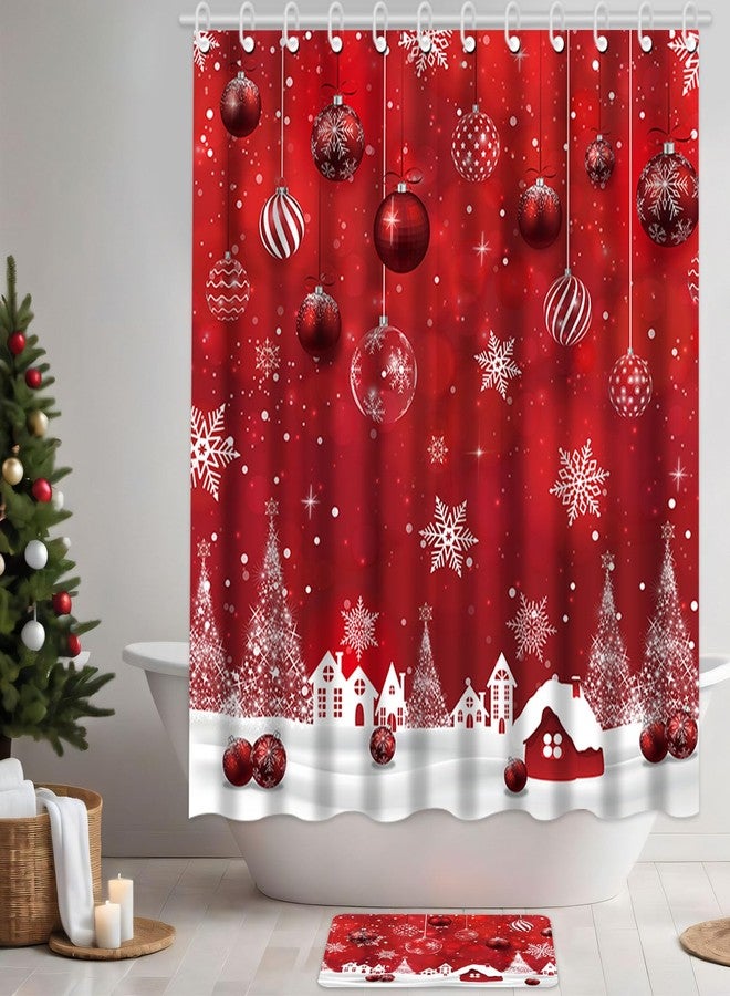 Capoda 4 Pcs Merry Christmas Bathroom Shower Curtain Set, Christmas Bathroom Curtain with 12 Hooks, Non Slip Bathroom Rugs, Toilet Lid Cover, U Toilet Mat for Christmas Bathroom Decoration (Ball) - Image 4