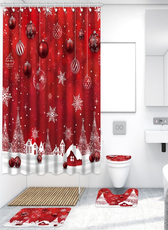 Capoda 4 Pcs Merry Christmas Bathroom Shower Curtain Set, Christmas Bathroom Curtain with 12 Hooks, Non Slip Bathroom Rugs, Toilet Lid Cover, U Toilet Mat for Christmas Bathroom Decoration (Ball) - Image 5