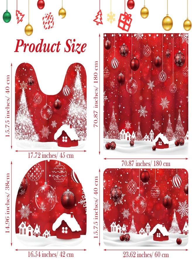 Capoda 4 Pcs Merry Christmas Bathroom Shower Curtain Set, Christmas Bathroom Curtain with 12 Hooks, Non Slip Bathroom Rugs, Toilet Lid Cover, U Toilet Mat for Christmas Bathroom Decoration (Ball) - Image 2