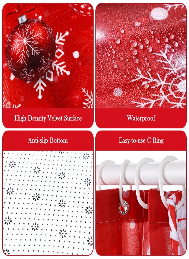 Capoda 4 Pcs Merry Christmas Bathroom Shower Curtain Set, Christmas Bathroom Curtain with 12 Hooks, Non Slip Bathroom Rugs, Toilet Lid Cover, U Toilet Mat for Christmas Bathroom Decoration (Ball) - Image 3