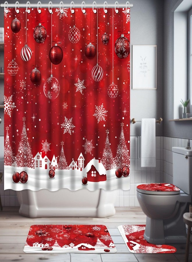 Capoda 4 Pcs Merry Christmas Bathroom Shower Curtain Set, Christmas Bathroom Curtain with 12 Hooks, Non Slip Bathroom Rugs, Toilet Lid Cover, U Toilet Mat for Christmas Bathroom Decoration (Ball) - Image 1