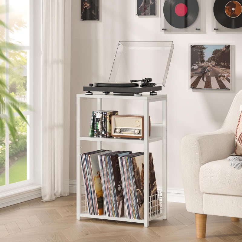 LELELINKY White Side Table,Small Printer Stand with Storage Shelf,3 Tier Industrial Bedside Tables,Vinyl Record Player Stand,Modern Sofa Night Stands for Living Room Bedroom Office Small Spaces - Image 2