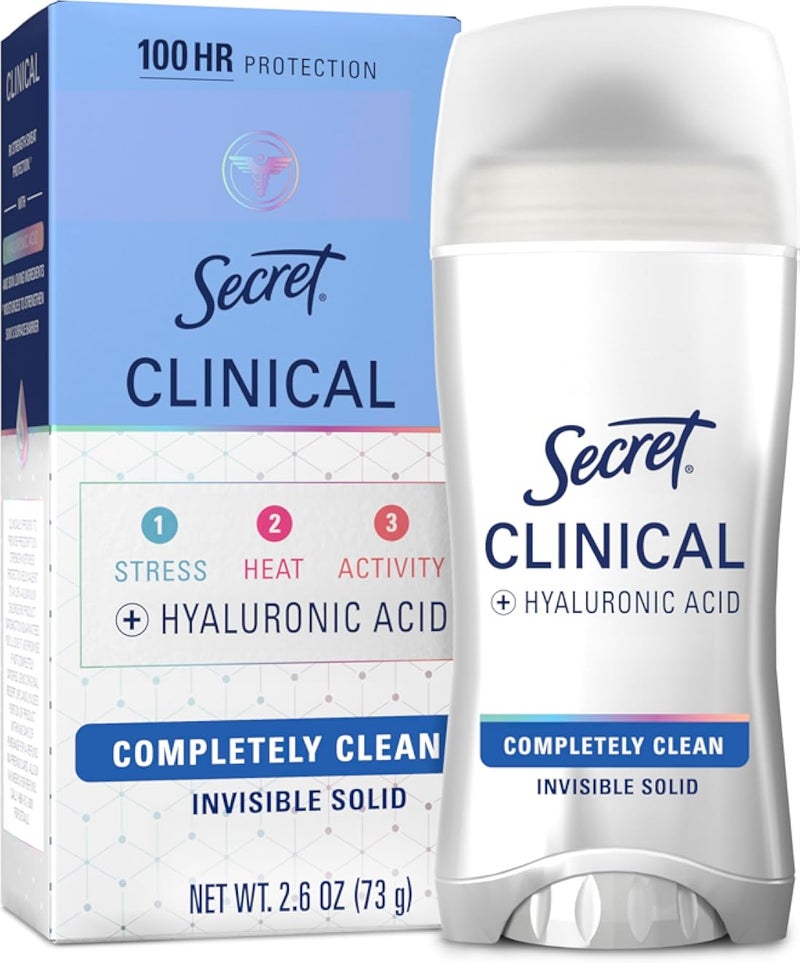 Secret Clinical Strength Antiperspirant Deodorant for Women, 3X Stress Protection, 72hr Sweat &amp; Odor Protection, PH Balancing Minerals, Invisible Solid, Completely Clean Scent, 2.6 oz