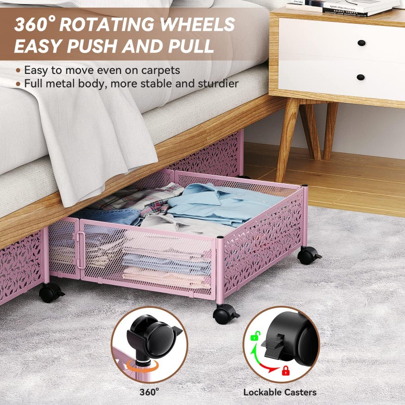 PHINOX Under the Bed Storage Containers with Wheels, Under Bed Storage, Under Bed Shoe Storage Organizer Drawer, Tool-free Assembly Metal Underbed Storage Containers -Pink - Image 4