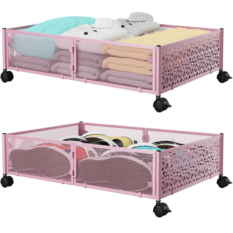 PHINOX Under the Bed Storage Containers with Wheels, Under Bed Storage, Under Bed Shoe Storage Organizer Drawer, Tool-free Assembly Metal Underbed Storage Containers -Pink - Image 1