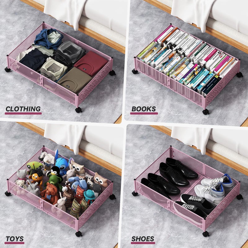 PHINOX Under the Bed Storage Containers with Wheels, Under Bed Storage, Under Bed Shoe Storage Organizer Drawer, Tool-free Assembly Metal Underbed Storage Containers -Pink - Image 5