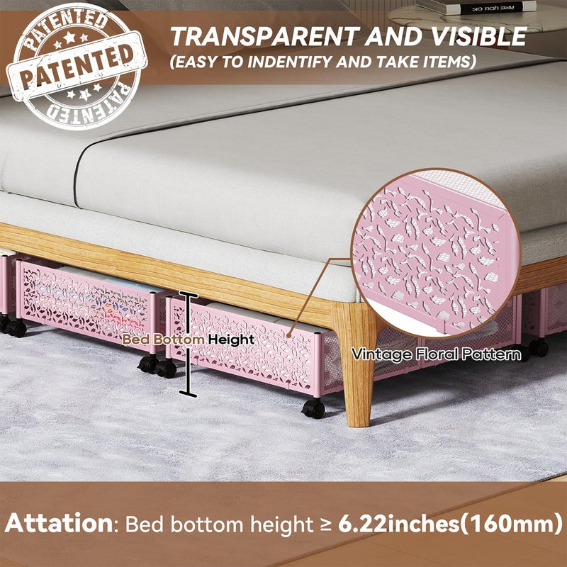 PHINOX Under the Bed Storage Containers with Wheels, Under Bed Storage, Under Bed Shoe Storage Organizer Drawer, Tool-free Assembly Metal Underbed Storage Containers -Pink - Image 3
