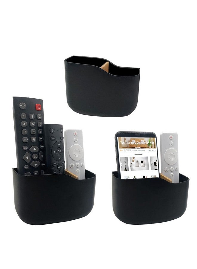 SUNFICON 3 Pack Adhesive Remote Control Holder Wall Mount Media Player Controller Holder Universal Tv Remote Organizer Caddy Box Tray Hollow Bottom Phone Charging Home Office Desk Nightstand Black - Image 1