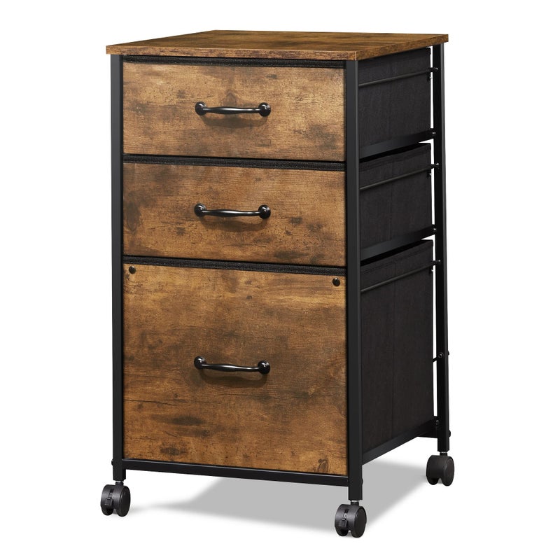 DEVAISE Mobile File Cabinet, Rolling Printer Stand with 3 Drawers, Fabric Vertical Filing Cabinet fits A4 or Letter Size for Home Office, Rustic Brown Wood Grain Print - Image 1
