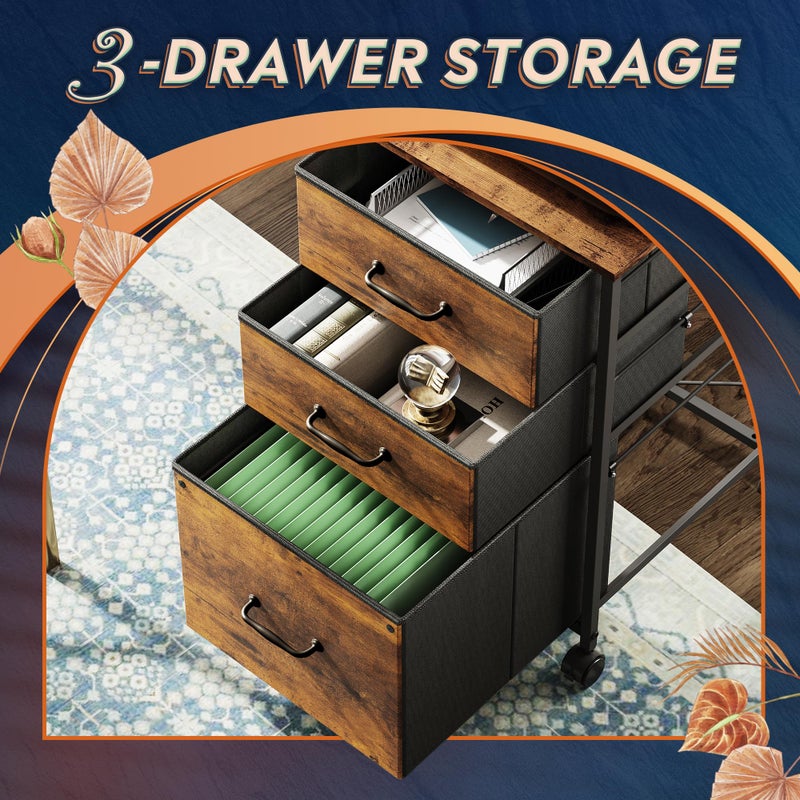 DEVAISE Mobile File Cabinet, Rolling Printer Stand with 3 Drawers, Fabric Vertical Filing Cabinet fits A4 or Letter Size for Home Office, Rustic Brown Wood Grain Print - Image 4
