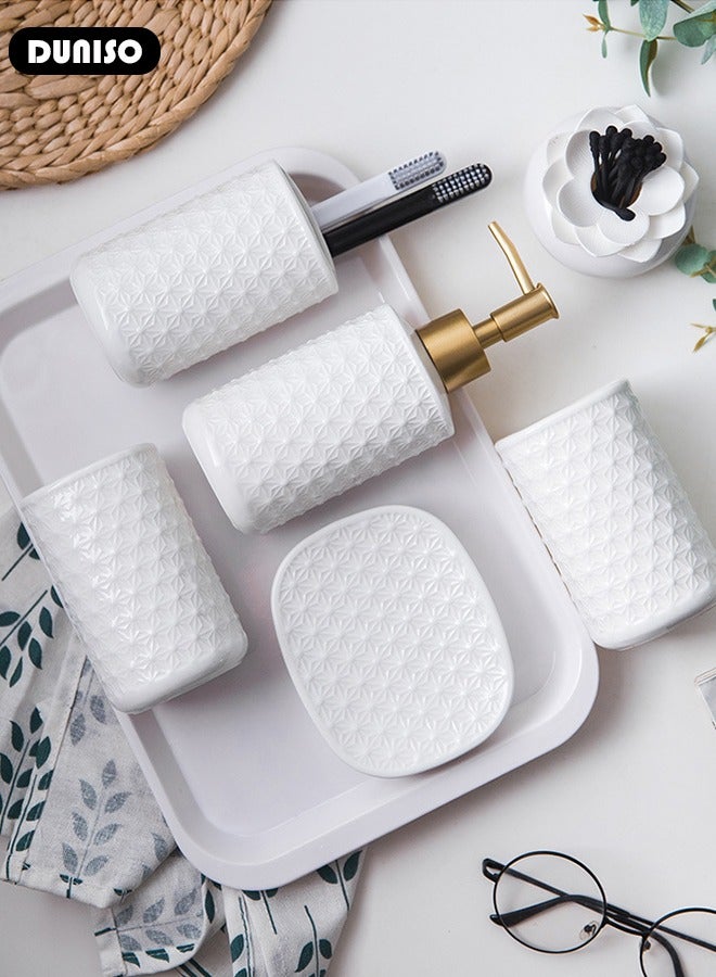 DUNISO Bathroom Accessories Set, 5 Pcs Ceramic Bathroom Decor Accessories, Includes Soap Dispenser, Toothbrush Holder, Toothbrush Cup, Soap Dish, Home Apartment Modern Bathroom Decor Vanity Countertop, Countertop Organizer for Housewarming Gift  - Image 4