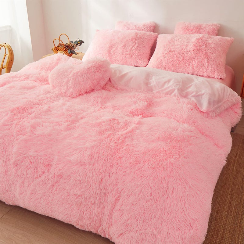 FOPPA Fluffy comforters Cover Twin Size - Ultra Soft Plush Pink Bedding Sets 2 Pieces (1 Faux Fur Comforter Cover + 1 Fuzzy Pillow case) Girls Shaggy Pink Twin Bed Set (Light Pink, Twin) - Image 2