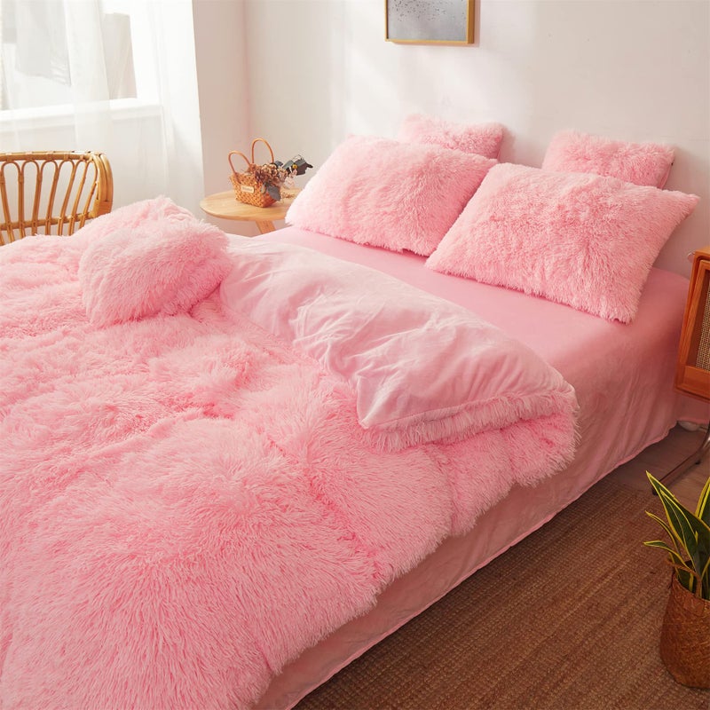 FOPPA Fluffy comforters Cover Twin Size - Ultra Soft Plush Pink Bedding Sets 2 Pieces (1 Faux Fur Comforter Cover + 1 Fuzzy Pillow case) Girls Shaggy Pink Twin Bed Set (Light Pink, Twin) - Image 3
