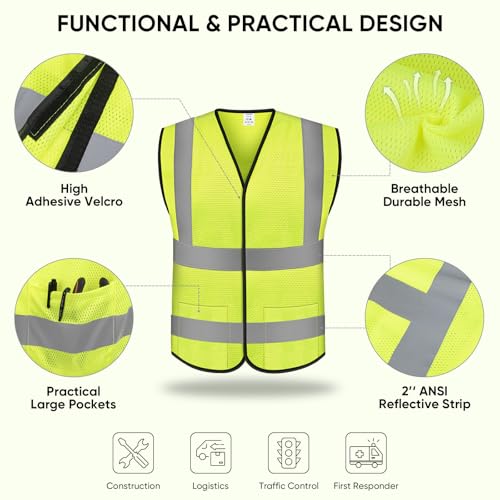 TICONN Reflective Safety Vest High Visibility Vest with Reflective Strips for Men Women Meets ANSI II YellowS 2PK - Image 3