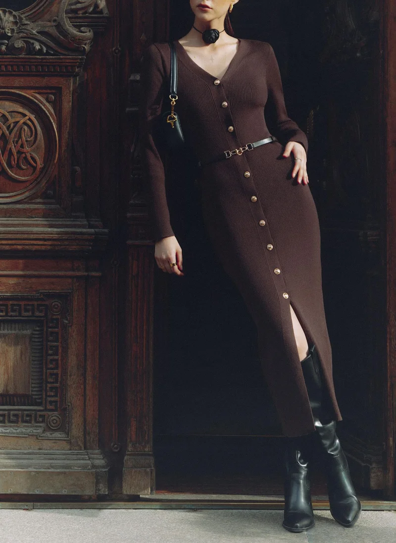 Lichi Knitted midi dress with a belt and golden decorations