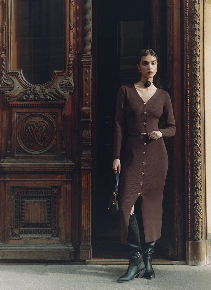 Lichi  Knitted midi dress with a belt and golden decorations for Women | Best Price UAE