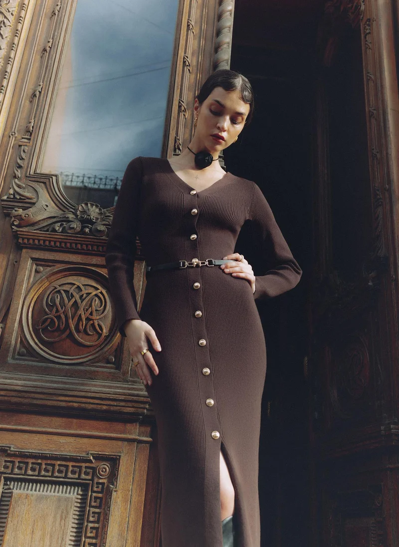 Lichi  Knitted midi dress with a belt and golden decorations for Women | Best Price UAE