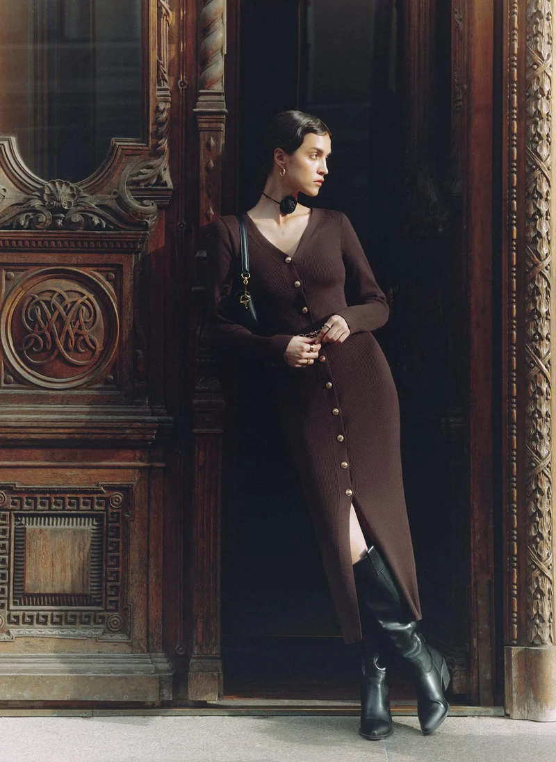 Lichi  Knitted midi dress with a belt and golden decorations for Women | Best Price UAE