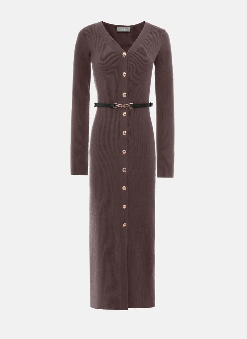 Lichi Knitted midi dress with a belt and golden decorations