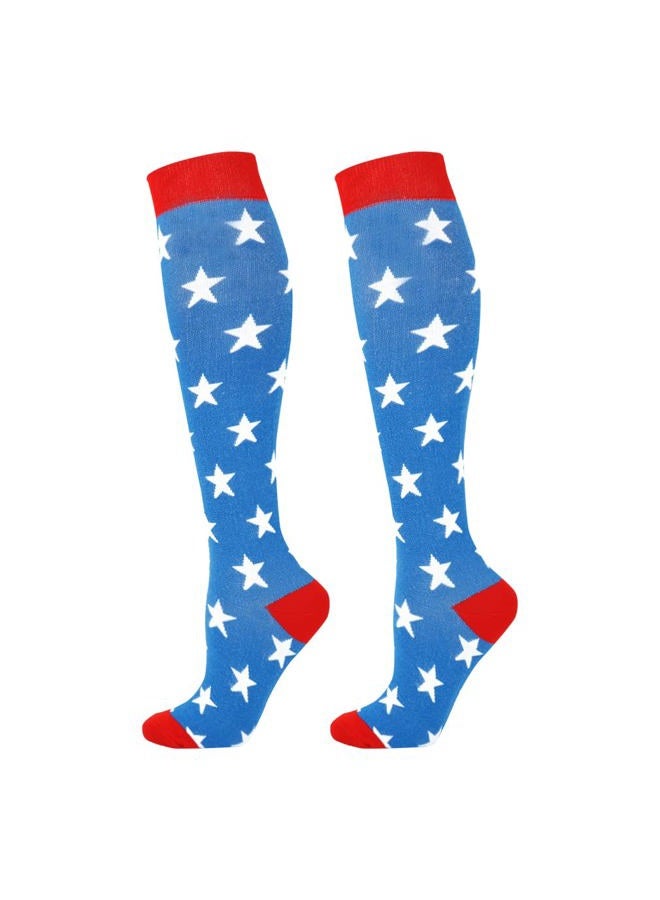 Junely Compression Socks for Women Knee High Festival Socks for Running Work Support Nurses Pregnancy Travel, Blue Star, 9 inches to 16 inches - Image 1