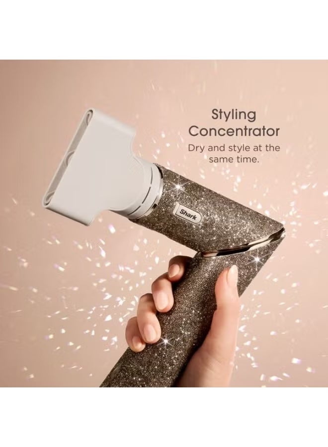 شارك جهاز تصفيف الشعر ومجفف الشعر Shark FlexStyle Sparkle Limited Edition Champagne Diamond 5 في 1: بكرات لف الشعر الأوتوماتيكية، فرشاة مسطحة، فرشاة بيضاوية، حقيبة تخزين، ماسة ذهبية، HD446JSUK - Image 3