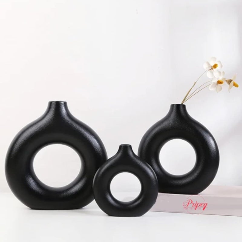 مزهرية على شكل دونات، مجموعة من 3 مزهريات سيراميك مجوفة من عشب البامباس، مزهرية بوهو على الطراز الشمالي البسيط لحفلات الزفاف والعشاء والطاولة والحفلات وغرفة المعيشة والمكتب وغرفة النوم والهدية الزخرفية (أسود)