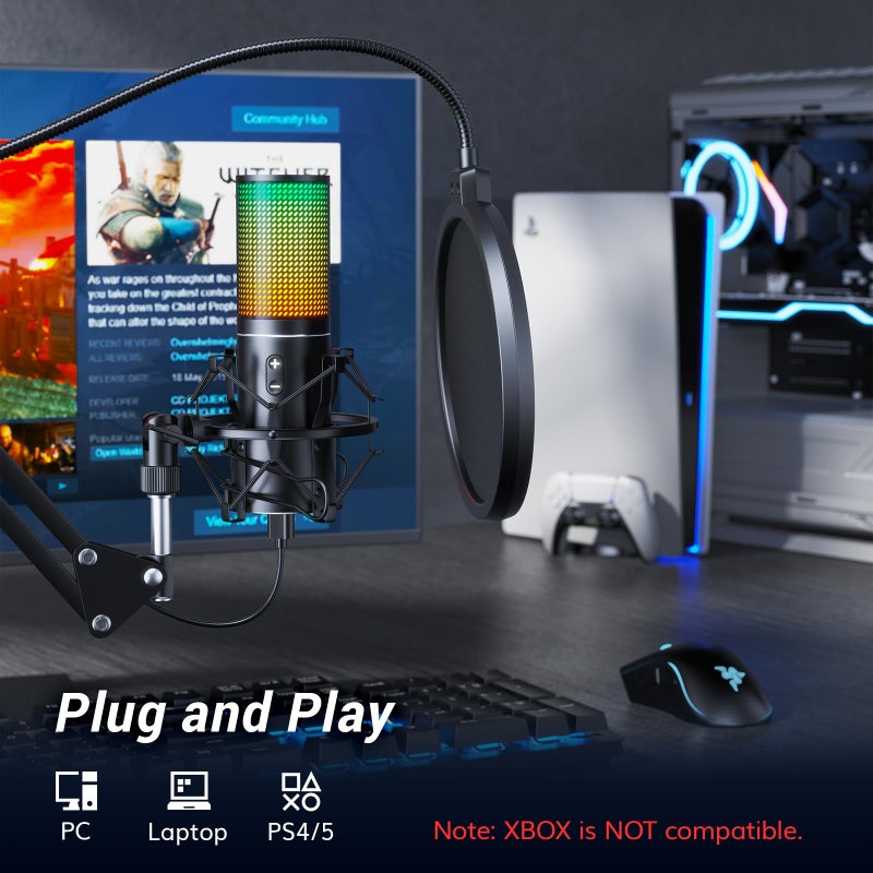 TONOR ميكروفون ألعاب RGB، ميكروفون USB من TONOR لجهاز الكمبيوتر مع ذراع قابل للتعديل، زر كتم سريع للبث، البودكاست، التسجيل، الغناء، مجموعة ميكروفون مكثف كارديويد لـ PS4/5، Twitch Gamer YouTuber Q9S - Image 4