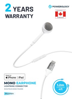 Powerology Mono Earphone with Lightning Connector 1.2M HD Sound / High-Clarity Audio & Active In-Line Control Buttons / Siri Enabled / Compatible to All Apple Lightning Devices - White  - Image 1