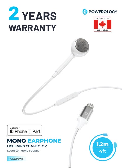 Mono Earphone with Lightning Connector 1.2M HD Sound / High-Clarity Audio & Active In-Line Control Buttons / Siri Enabled / Compatible to All Apple Lightning Devices - White