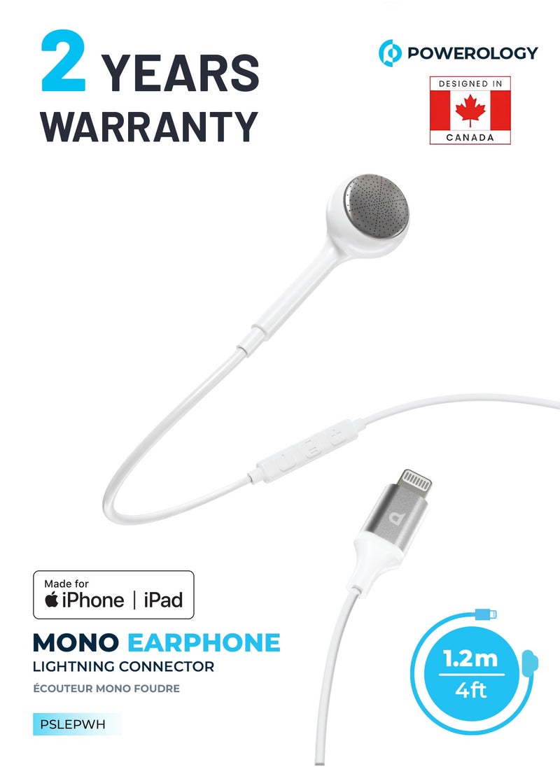 Powerology Mono Earphone with Lightning Connector 1.2M HD Sound / High-Clarity Audio & Active In-Line Control Buttons / Siri Enabled / Compatible to All Apple Lightning Devices - White  - Image 1