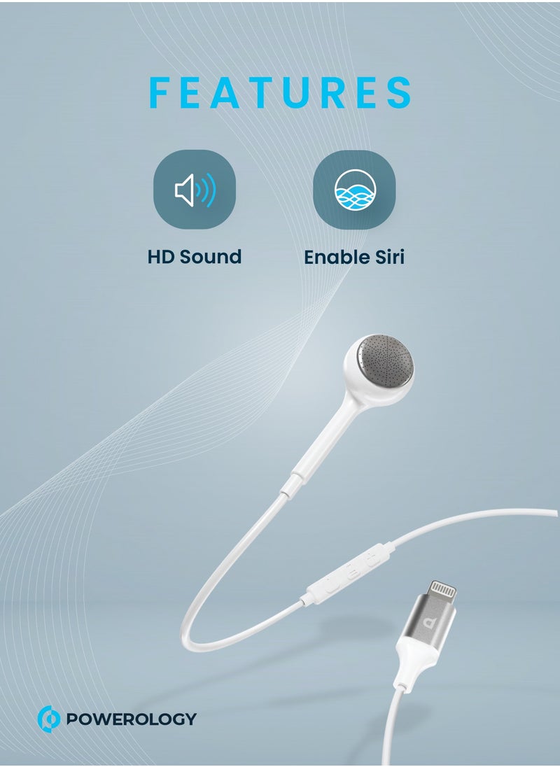 Powerology Mono Earphone with Lightning Connector 1.2M HD Sound / High-Clarity Audio & Active In-Line Control Buttons / Siri Enabled / Compatible to All Apple Lightning Devices - White  - Image 2