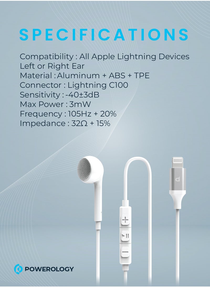 Powerology Mono Earphone with Lightning Connector 1.2M HD Sound / High-Clarity Audio & Active In-Line Control Buttons / Siri Enabled / Compatible to All Apple Lightning Devices - White  - Image 3