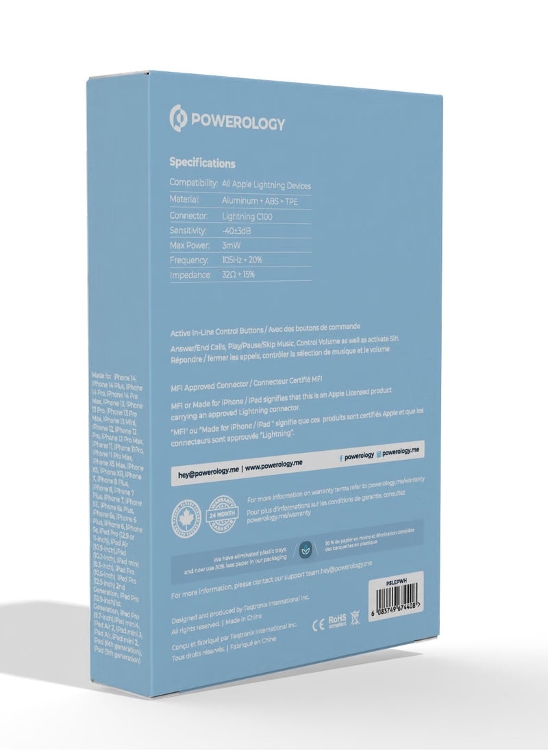 Powerology - Mono Earphone with Lightning Connector 1.2M HD Sound / High-Clarity Audio & Active In-Line Control Buttons / Siri Enabled / Compatible to All Apple Lightning Devices - White - Image 1