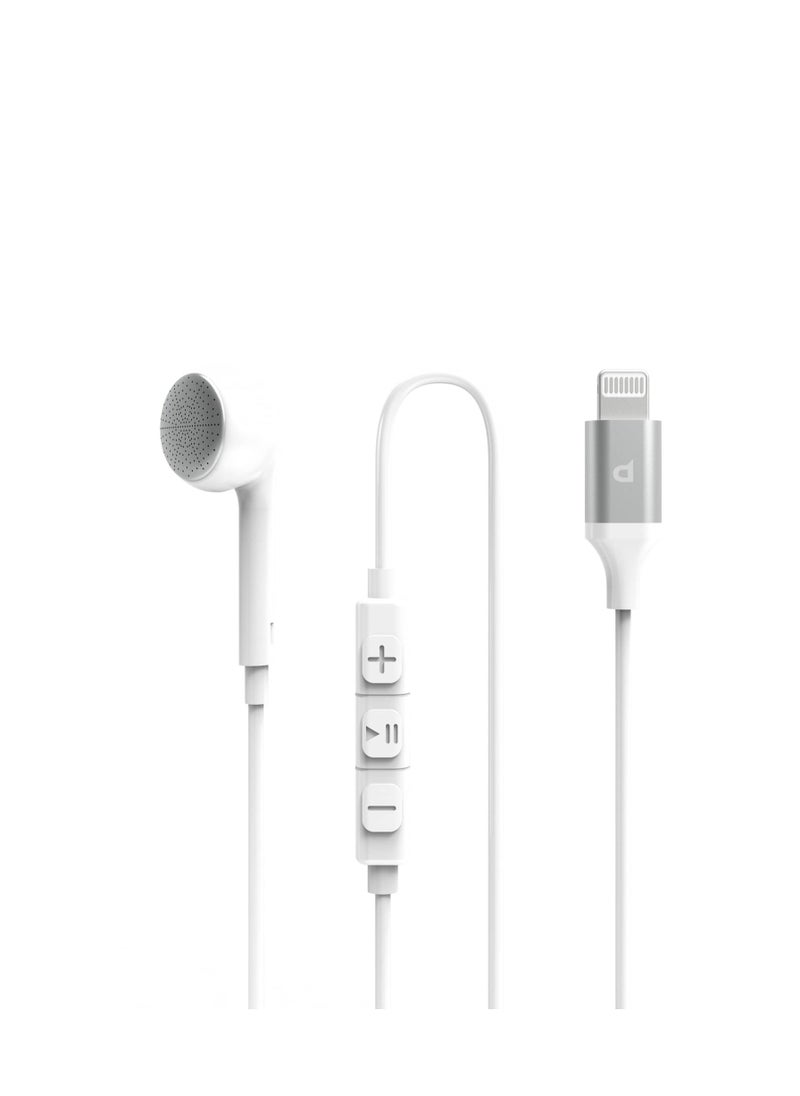 Powerology - Mono Earphone with Lightning Connector 1.2M HD Sound / High-Clarity Audio & Active In-Line Control Buttons / Siri Enabled / Compatible to All Apple Lightning Devices - White - Image 1