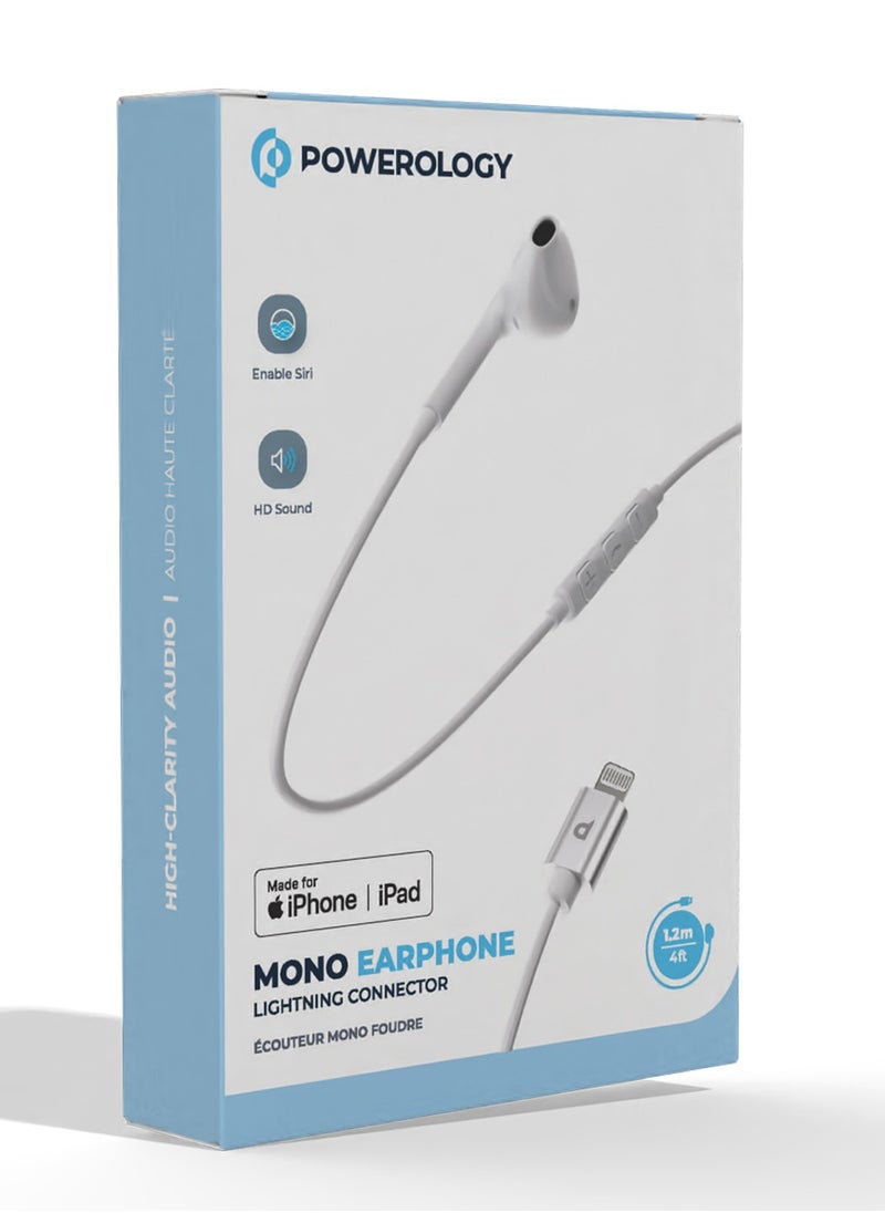 Powerology - Mono Earphone with Lightning Connector 1.2M HD Sound / High-Clarity Audio & Active In-Line Control Buttons / Siri Enabled / Compatible to All Apple Lightning Devices - White - Image 1