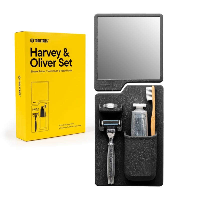 TOOLETRIES Tooletries - The Harvey & Oliver Set - Silicone Shower Toothbrush Holder and Razor Holder with Anti Fog Mirror - Silicone Shower Organizer - Removable & Reusable - Charcoal  - Image 1