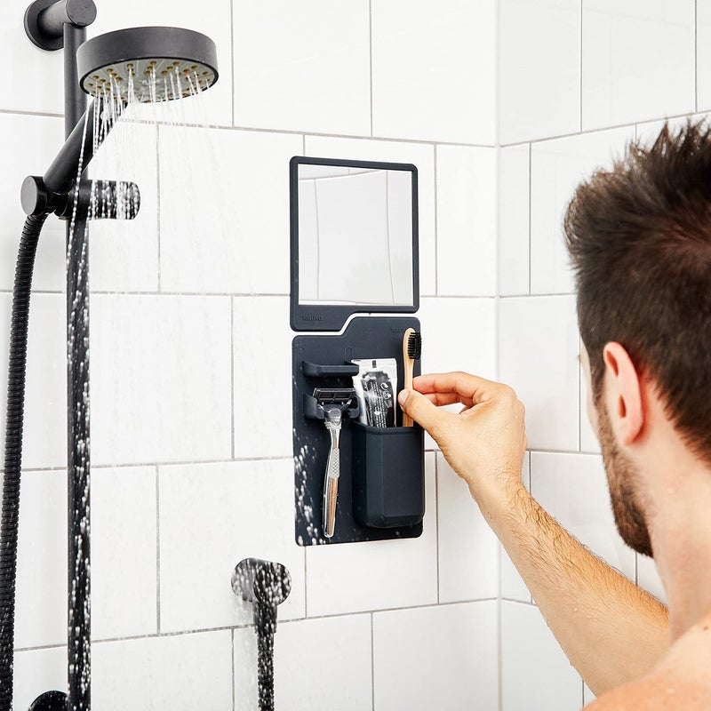 TOOLETRIES Tooletries - The Harvey & Oliver Set - Silicone Shower Toothbrush Holder and Razor Holder with Anti Fog Mirror - Silicone Shower Organizer - Removable & Reusable - Charcoal  - Image 3