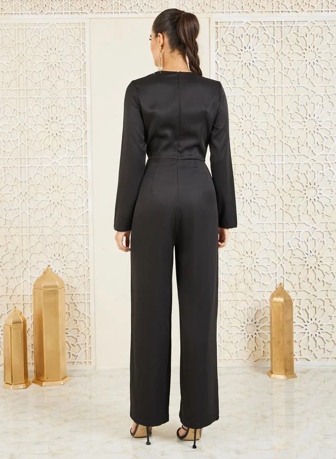 Styli Button Front Wide Leg Tailored Jumpsuit