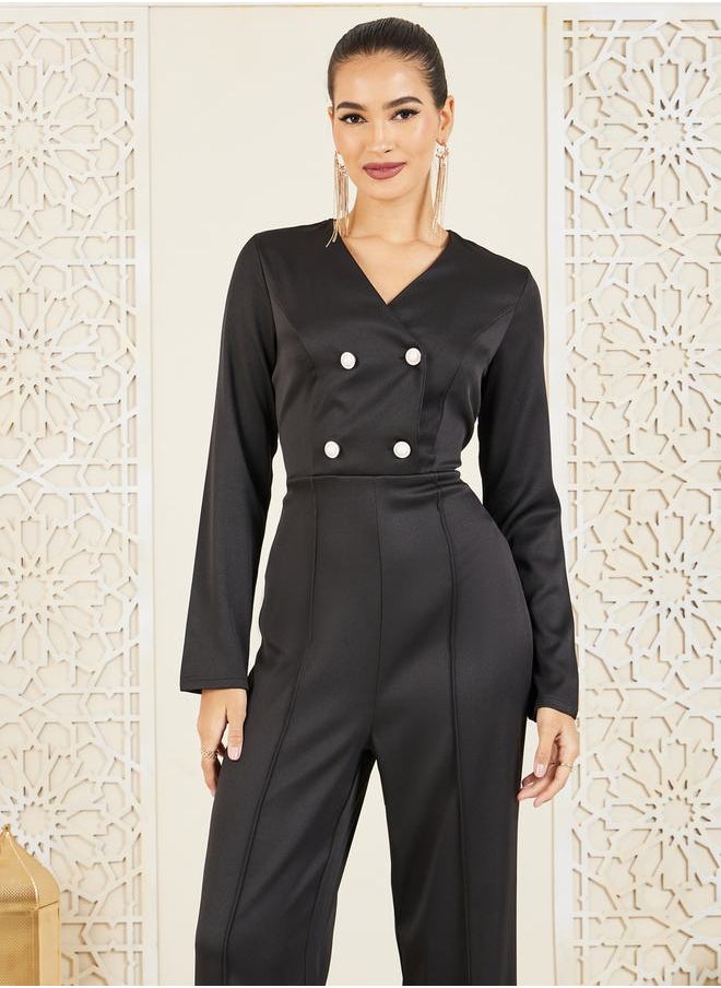 Styli - Button Front Wide Leg Tailored Jumpsuit - Image 1