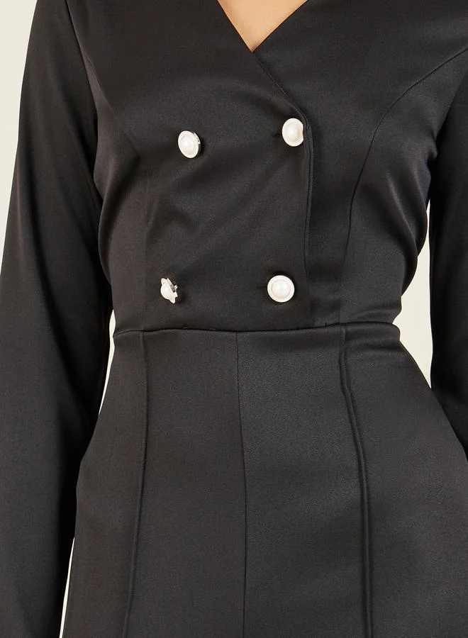 Styli Button Front Wide Leg Tailored Jumpsuit