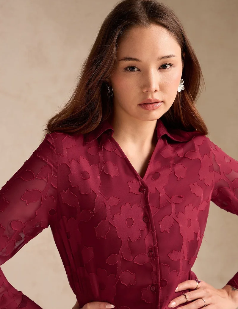 Outzidr  Red Regular Fit Long Sleeves Shirt In Jacquard Fabric for Women | Best Price UAE