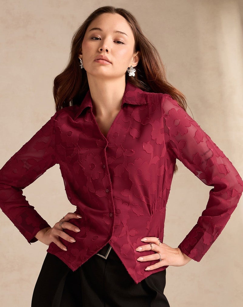 OUTZIDR Red Regular Fit Long Sleeves Shirt In Jacquard Fabric - Image 1