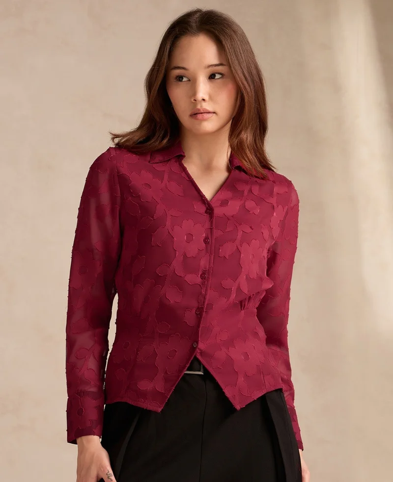 Outzidr  Red Regular Fit Long Sleeves Shirt In Jacquard Fabric for Women | Best Price UAE
