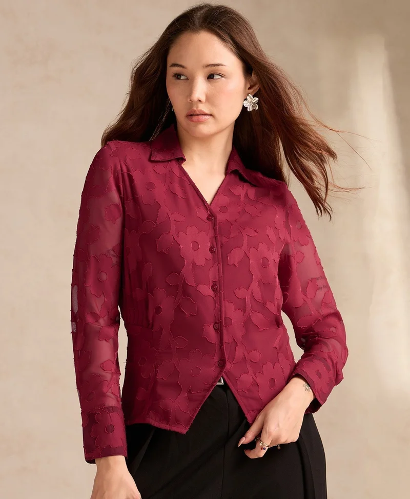 Outzidr  Red Regular Fit Long Sleeves Shirt In Jacquard Fabric for Women | Best Price UAE